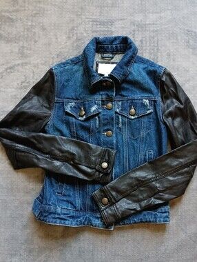 Laundry Denim Jacket W/ Black Faux Leather Sleeves, Blue / Black Size XS